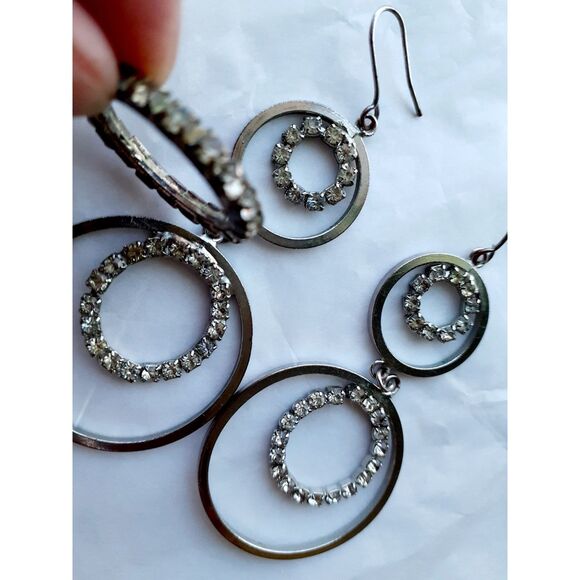 Silver Tone Double Hoop 3" Dangling Earrings & Ring Set with Rhinestone - Picture 3 of 7